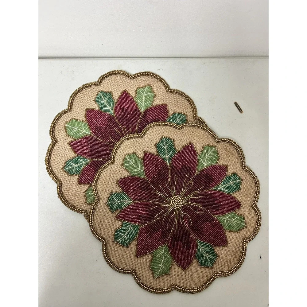2 Beaded Red Poinsettia Centerpiece Charger Placemat 15